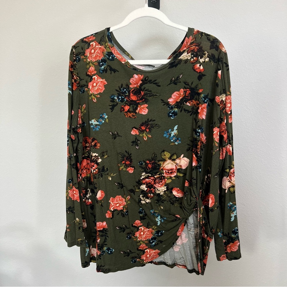 Jodifl womens long sleeve knot front green floral top (187)